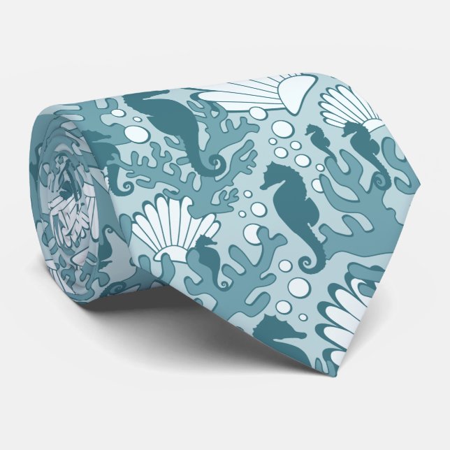 Seahorse Shell Coral Motif Cravate Turquoise (Roulé)