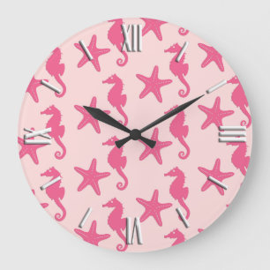 Seahorse & starfish - coral pink große wanduhr