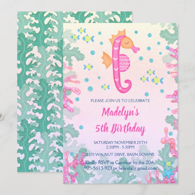 Seahorse Under the Sea Birthday Party Invitation (Devant / Derrière)