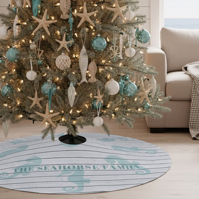 Seahorse Whitewashed Wood Plank Beach Theme Polyester Weihnachtsbaumdecke (Bring the ocean's magic to your holiday decor! Perfect for beach houses & nautical themes.)