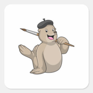 Seal as Painter with Paint brush Quadratischer Aufkleber