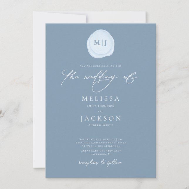 Sealed Initials Minimalistisch Light Blue Wedding Einladung (Vorderseite)