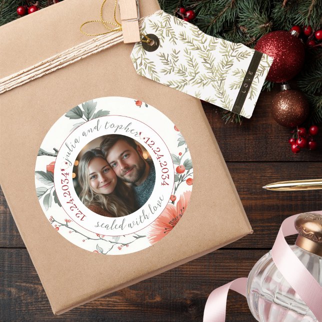 Sealed mit Liebe Weihnachten Hochzeit Foto Runder Aufkleber (Von Creator hochgeladen)