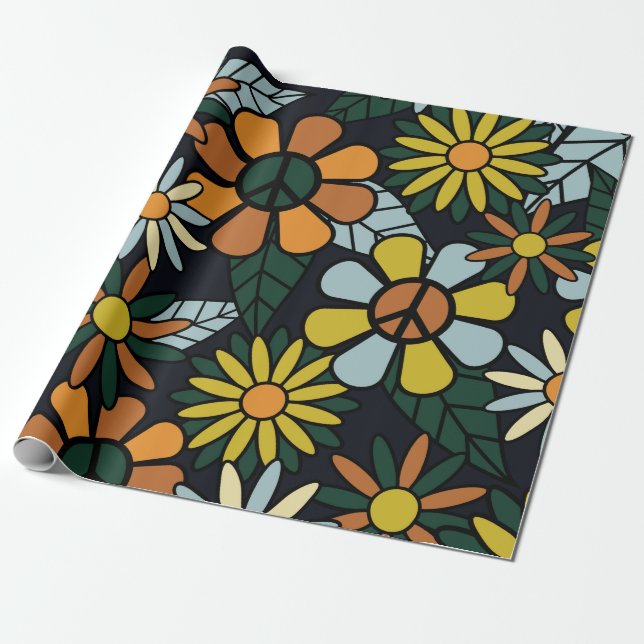 Seamless 70's retro hippie flowers pattern - Vinta Geschenkpapier (Ungerollt)