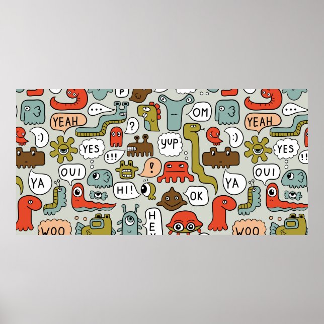 seamless background with cute cartoon monsters poster (Vorne)