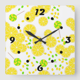 Seamless bright lemon slices candy lollipops sweet quadratische wanduhr