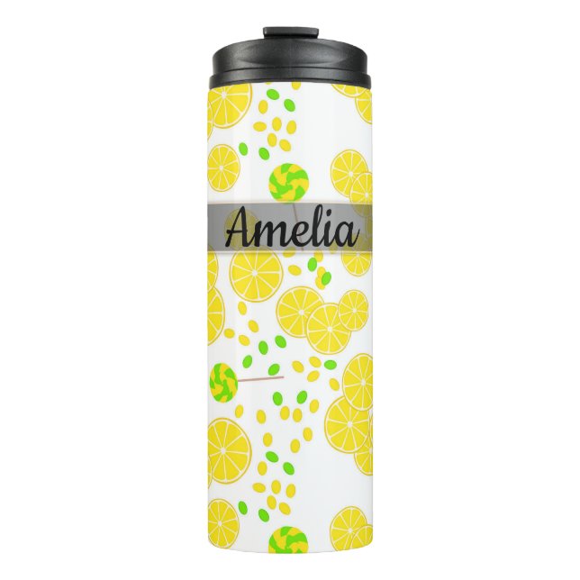 Seamless bright lemon slices candy lollipops sweet thermosbecher (Vorderseite)