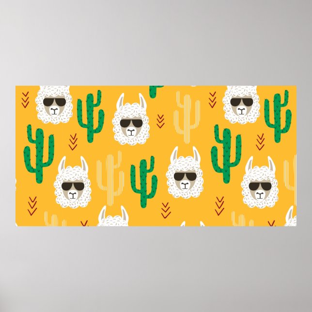 Seamless cartoon llama and cactus pattern in brigh poster (Vorne)
