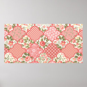 seamless floral patchwork pattern with roses in pa poster