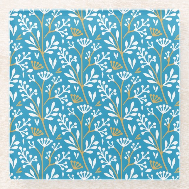 Seamless Floral Pattern: White and Gold on Blue Glasuntersetzer (Vorderseite)
