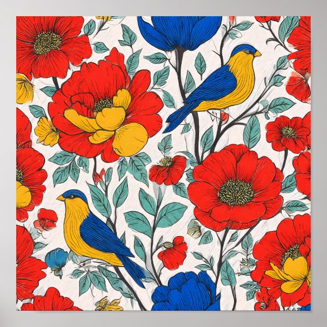 Seamless High-Saturation Folk Art Tiling Pattern Poster (Vorne)
