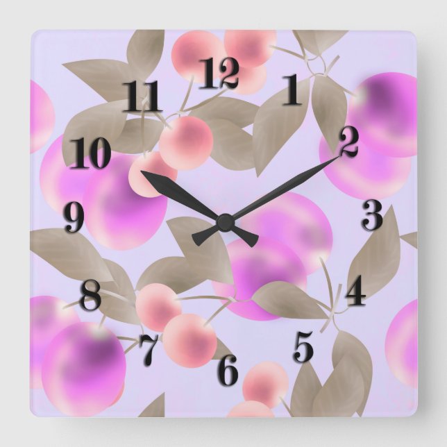 Seamless light plum fruits purple berries cherry p quadratische wanduhr (Vorderseite)