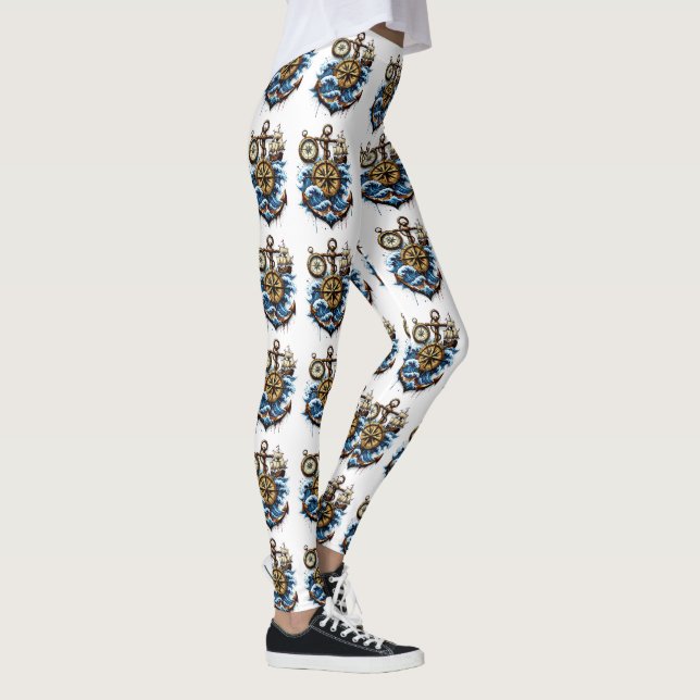 Seamless Nautical Pattern with Anchor, Compass, Wa Leggings (Rechts)