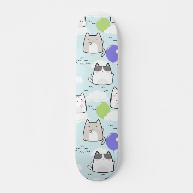 Seamless Pattern Cute Kawaii Cats clouds balloons Skateboard (Vorne)