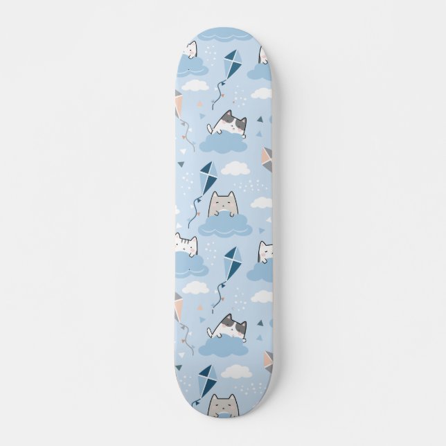 Seamless Pattern Cute Kawaii Cats clouds kite Skateboard (Vorne)