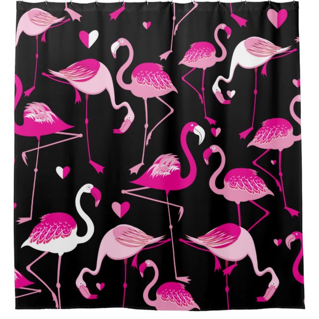 Seamless pattern from pink flamingos on a dark bac duschvorhang (Vorderseite)