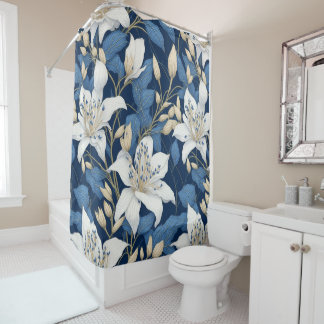 Seamless Pattern Lilies White Blue Floral Summer Duschvorhang