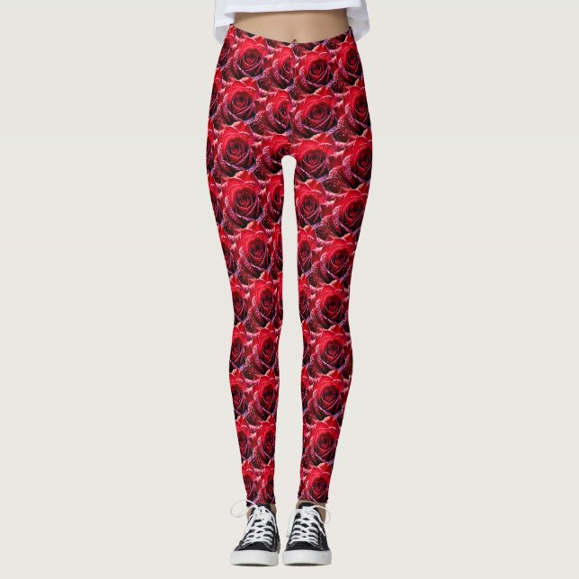 Seamless Pattern of Vibrant Red Roses - Dense Digi Leggings (Vorderseite)