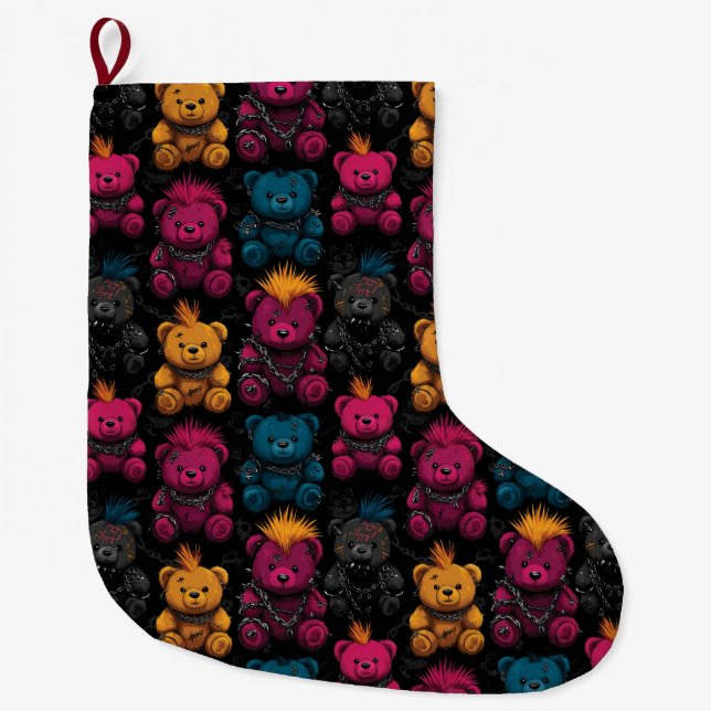 Seamless Pattern Rebellis Punk Rock Teddies Großer Weihnachtsstrumpf (Vorderseite)