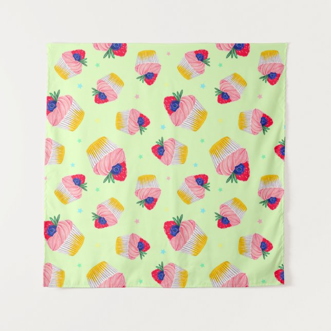 Seamless pattern with a cupcake with strawberries  wandteppich (Vorderseite)