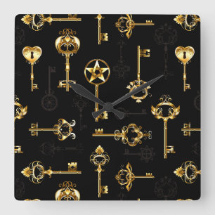 Seamless Pattern with Golden Keys Quadratische Wanduhr