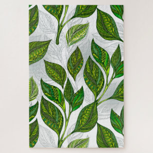 Seamless Pattern with Green Tea Leaves