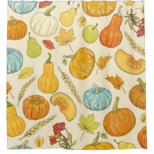 Seamless pattern with pumpkins, autumn leaves, app duschvorhang