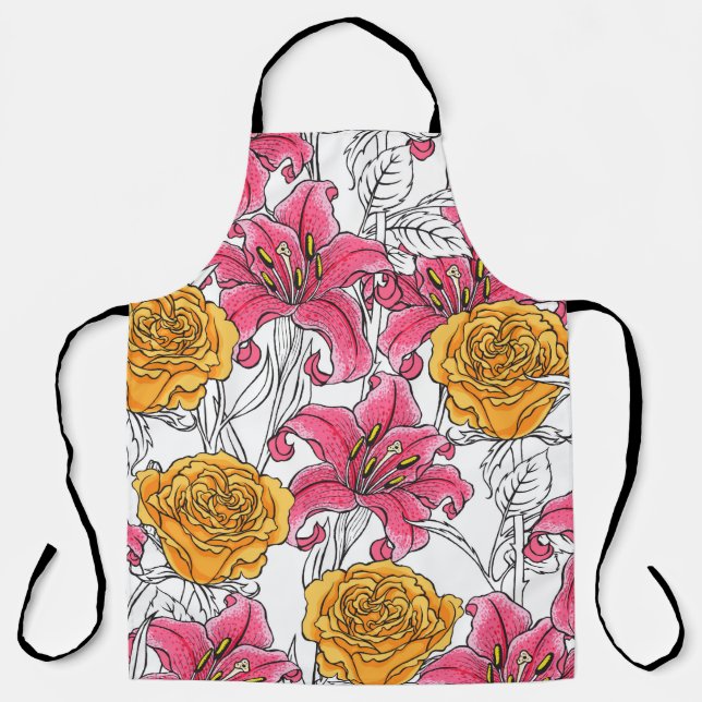 Seamless pattern with roses and lilies. Hand Drawn Schürze (Vorderseite)