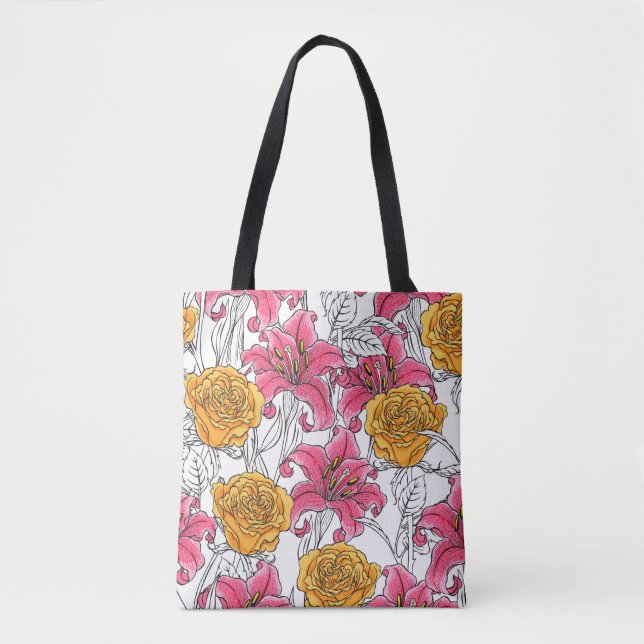 Seamless pattern with roses and lilies. Hand drawn Tasche (Vorderseite)