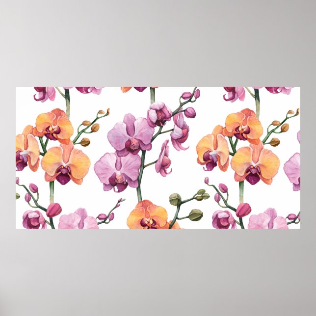 Seamless pattern with watercolor orchid flowers  poster (Vorne)