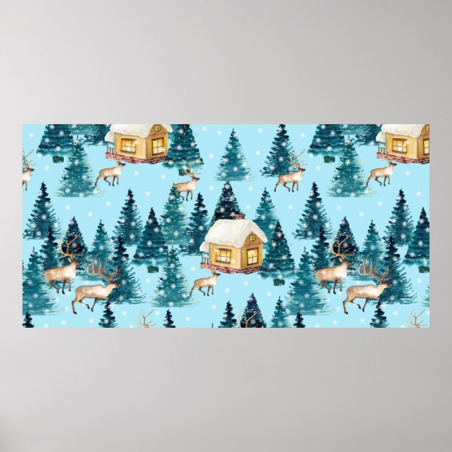 Seamless pattern with winter village in the forest poster (Vorne)