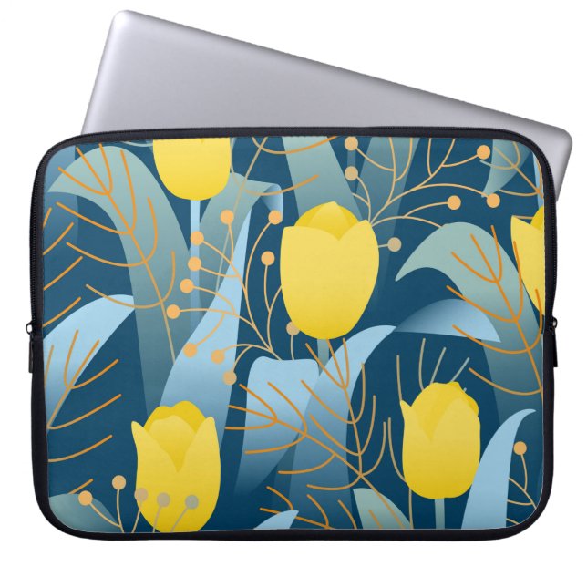 Seamless pattern yellow tulips on dark blue backgr laptopschutzhülle (Vorderseite)