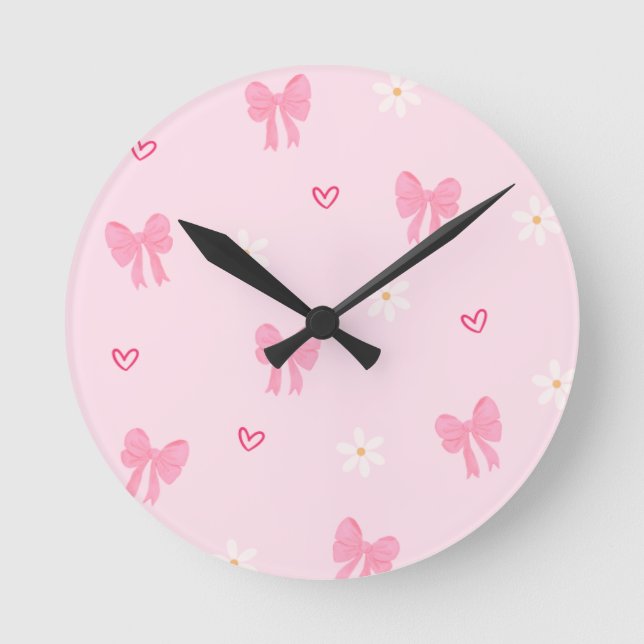 Seamless Pink Bow and Floral Pattern – Cute Girly  Runde Wanduhr (Vorderseite)