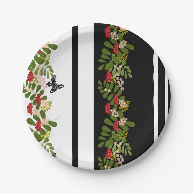 Seamless rowanberry berry flowers floral butterfly pappteller (Vorderseite)