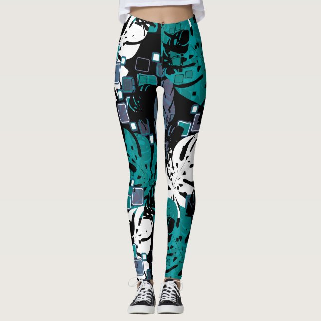 Seamless Tropical Dschungle Blätter Monstera Palm  Leggings (Vorderseite)
