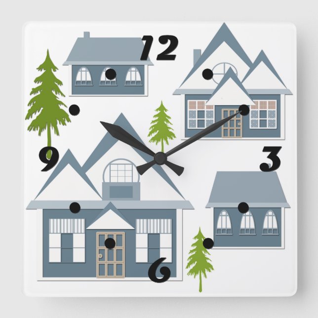 Seamless Winter Frohe Weihnachtslandschaft grau ho Quadratische Wanduhr (Vorderseite)