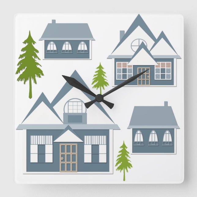 Seamless Winter Frohe Weihnachtslandschaft grau ho Quadratische Wanduhr (Vorderseite)