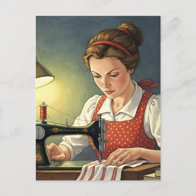 Seamstress Lady Sewing On Vintage Sewing Machine  Postkarte (Vorderseite)