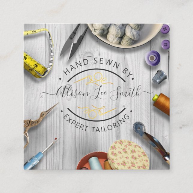 Seamstress oder Schneider-Schreibtisch Handnähte S Quadratische Visitenkarte (Vorderseite)