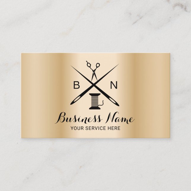 Seamstress Thread & Needles Modernes Gold Nähen Visitenkarte (Vorderseite)