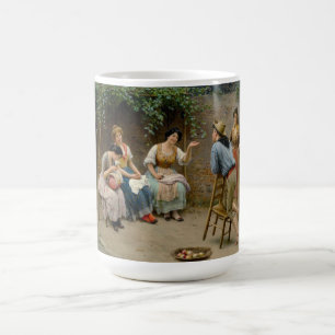 Seamstress Women und ein Junge mit einem freundlic Kaffeetasse