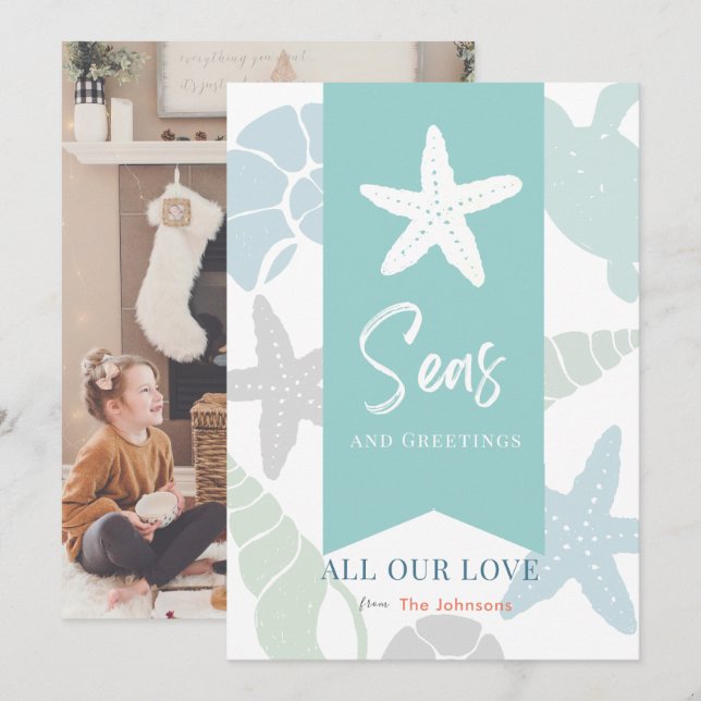 Seas and Greetings Seashell Holiday Foto Card Einladung (Vorne/Hinten)