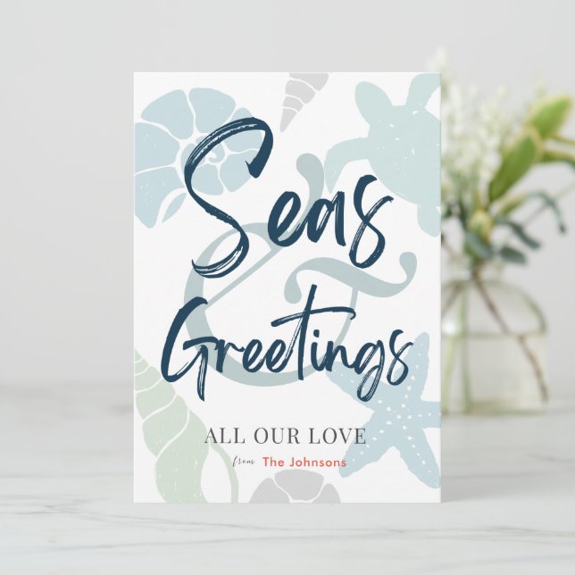 Seas and Greetings Seashell Holiday Foto Card Einladung (Stehend Vorderseite)