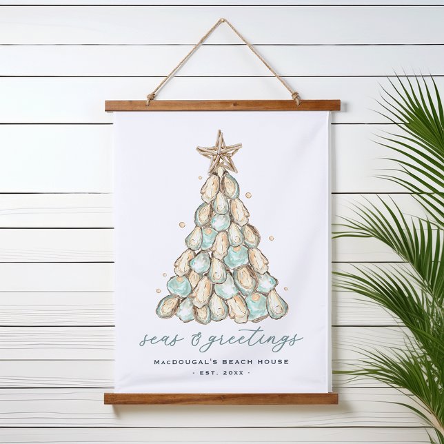"Seas & Greetings" Beach House Christmas Oyster Wandteppich Mit Holzrahmen (Von Creator hochgeladen)