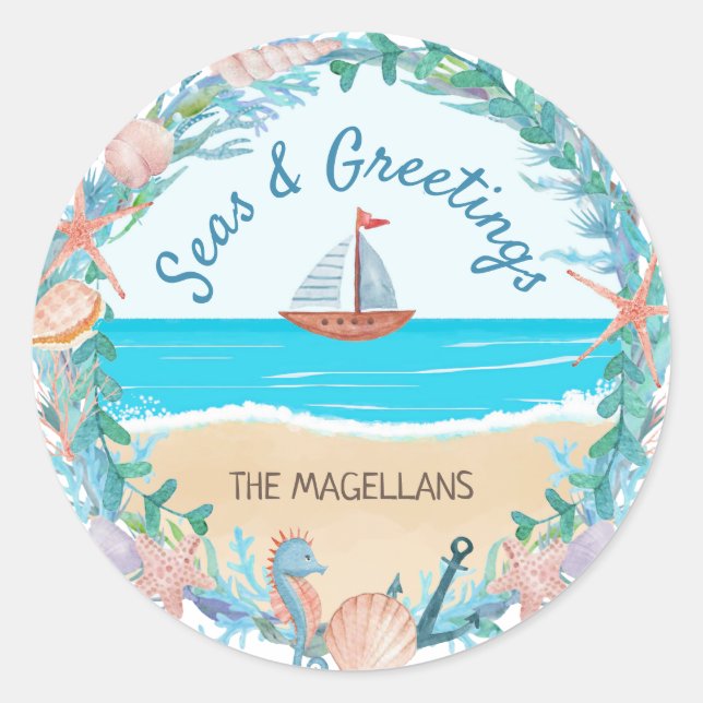 Seas & Greetings Nautical Beach Wreath Runder Aufkleber (Vorderseite)