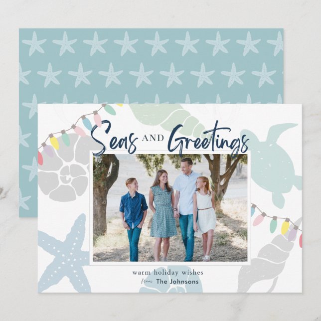 Seas & Greetings Seashell Holiday Foto Card Einladung (Vorne/Hinten)