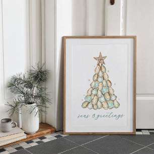 "Seas & Greetings" Strandhaus Weihnachtsauster Poster