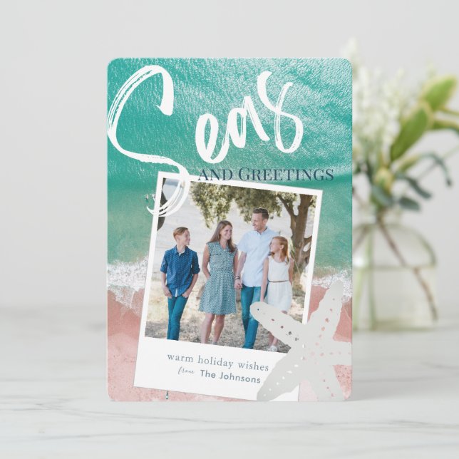 Seas & Greetings Tropical Ocean Holiday Foto Card Einladung (Stehend Vorderseite)