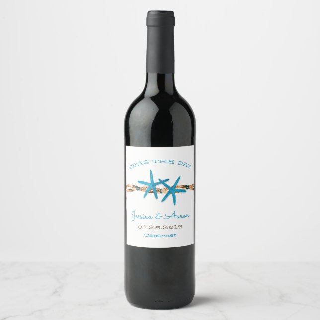 Seas the Day Aqua Starfish Hochzeit Weinetikett (Vorderseite)