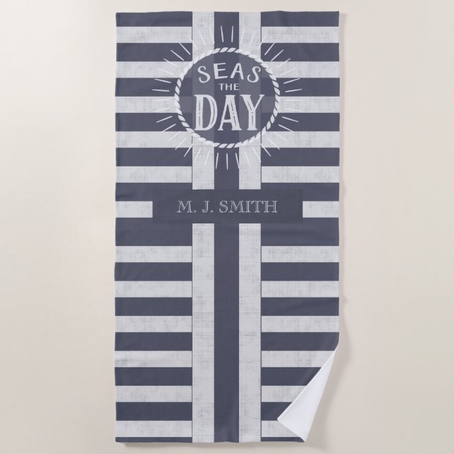 Seas the Day Bold Nautical Stripes and Name Strandtuch (Vorderseite)